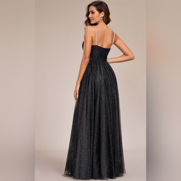 Ever Pretty Black Glittery Tulle Maxi Gown Size 4XL Spaghetti Strap Formal Dress - Picture 2 of 16